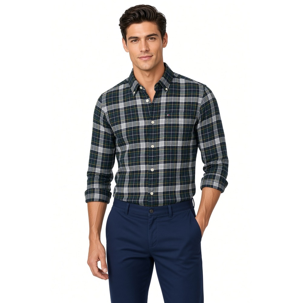 tommy hilfiger Tartan Plaid Flannel Shirt Button Down M Deep Green Navy Heritage